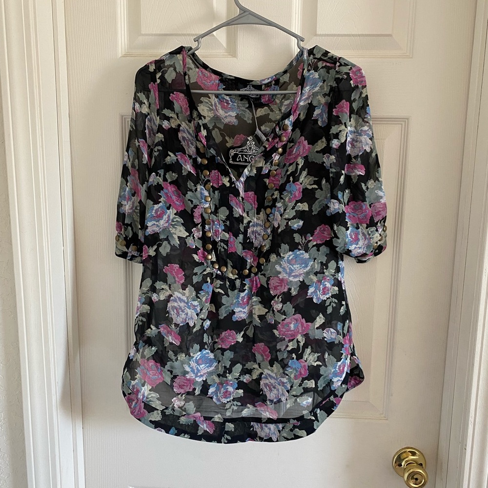 Angie Black Floral Hippie Peasant Button Sleeve